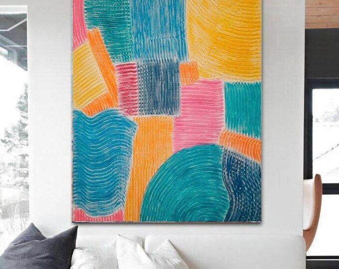 Large Colorful Abstract Textured Wall Art Canvas: Modern Rainbow Plaster 3d Painting