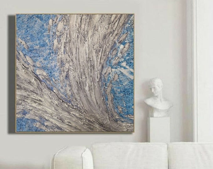 Large Blue Abstract Wave Painting: Golden Texture, Modern Wall Art