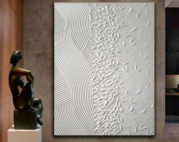 Extra Large White Textured Wall Art Abstract 3D Painting Modern Plaster Artwork Handmade Canvas