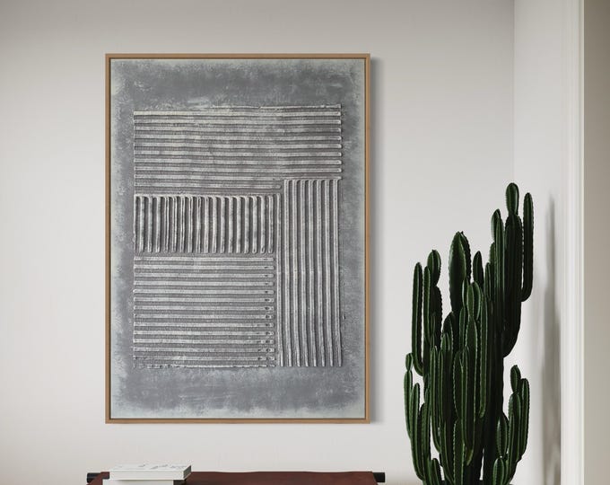 Extra Large Textured Wall Art Abstract Beige Painting: 3D Geometric Plaster Minimalist Handmade Canvas