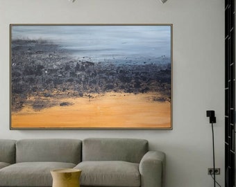 Extra Large Abstract Seascape, Landscape Painting Abstract Sea & Sand Modern Texture Wall Art Oversize Seascape, Blue Yellow Shades Wall Art