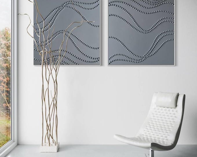 Extra Large Light Blue 3D dots Plaster Wall Art Set: Wavy Lines Abstract Painting