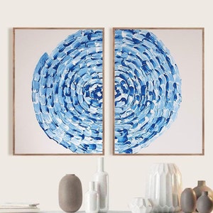 Oversize Abstract Painting Set: Blue & White Spiral Wall Art