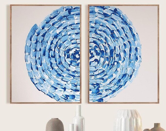 Oversize Abstract Painting Set: Blue & White Spiral Wall Art