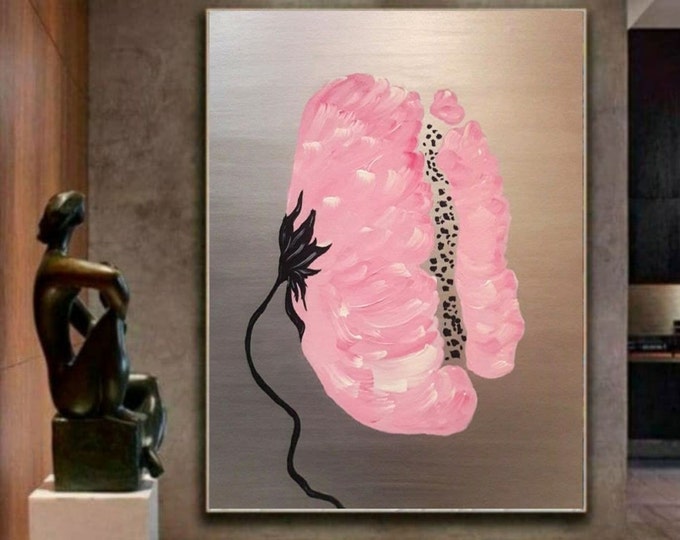 Oversized Silver Abstract Peony Painting: Modern Pink Floral Wall Art
