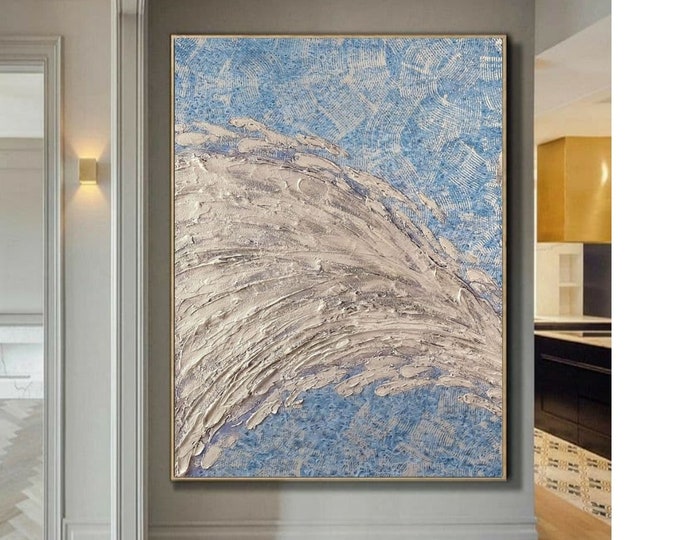 Oversize Abstract Painting: Blue, Golden, and Champagne Texture on Canvas