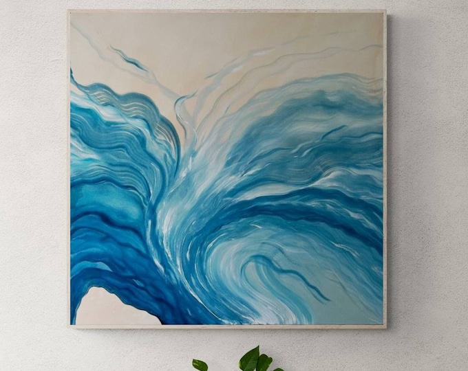 Blue fantasy abstract painting 32”x32” ready to ship original wall art ocean painting turquoise canvas hallway abstract sea waves marble art