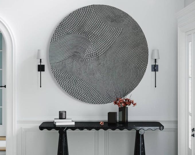 Oversized Round Wall Art: Silver Textured Painting 3D Dots, Modern Pointillism