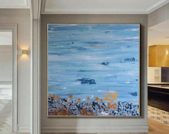 Groot abstract zeegezichtschilderij: canvas muurkunst met moderne textuur