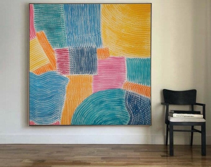 Large Colorful Abstract 3D Textured Painting: Modern Rainbow Canvas Wall Art