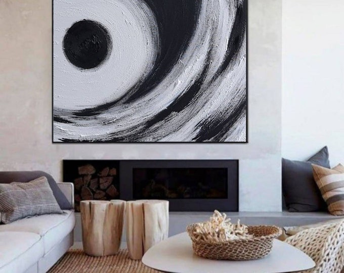Large Black and White Abstract Wall Art, Textured Minimalist Painting, Modern 3D Statement Canvas, Contemporary Home Decor