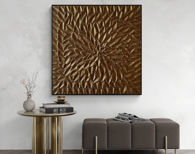 Oversized Bronze 3D Textured Painting: Modern Plaster Floral Wall Art