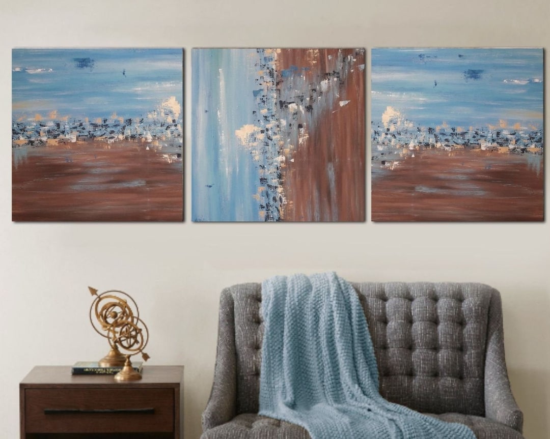 Large Abstract Painting Set: Blue Brown Modern Canvas Wall Art - Etsy