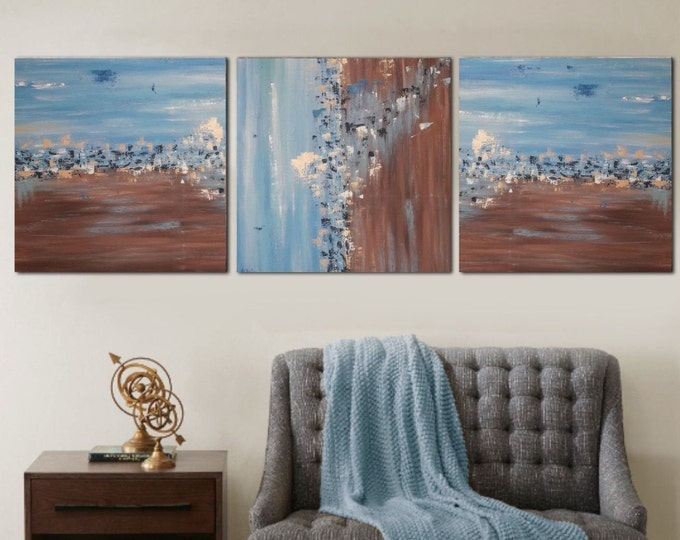Large Abstract Painting Set: Blue Brown Modern Canvas Wall Art