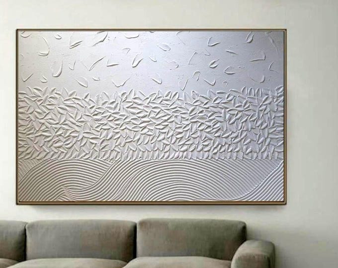 Oversized White Textured Wall Art, 3D Plaster Painting on Canvas