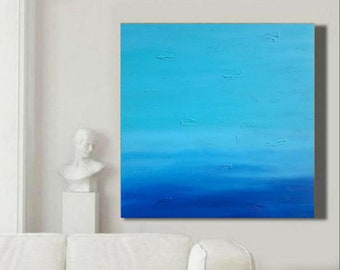 Groot blauw abstract zeegezichtschilderij: muurkunst op canvas met structuur