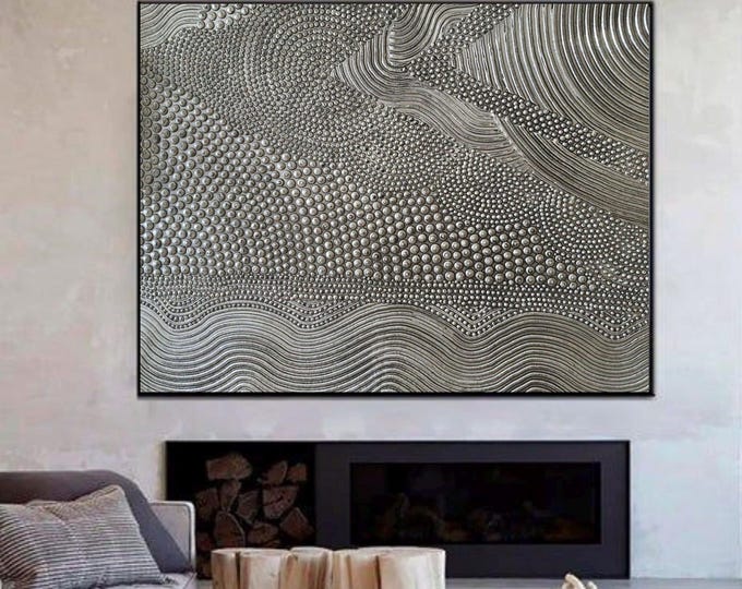 Large Textured Wall Art Oversized Silver & Patina Abstract Painting 3D Dot Handmade Canvas Home Decor