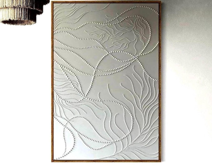 Large White 3D Dot Textured Abstract Handmade Canvas, Modern Minimalist Home Decor