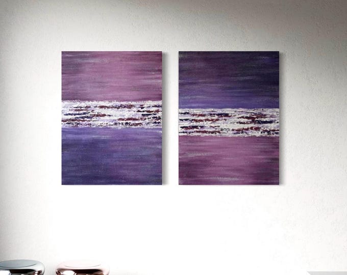 Abstract Seascape Wall Art Set: Violet Pink Bold Strokes, 24x32" Original Paintings