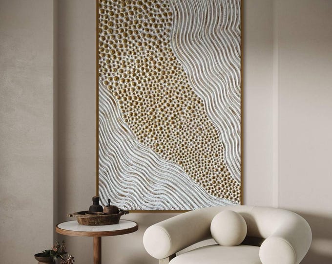 Large Textured Wall Art Abstract Painting: White Bronze Plaster Canvas, Gold Accent