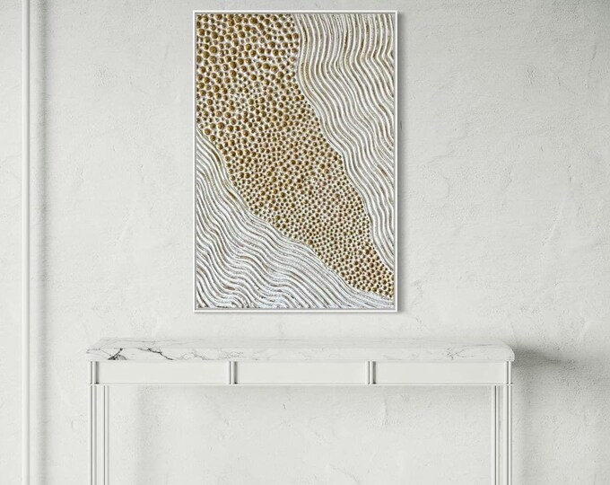 Large White Gold Abstract Painting: 3D Texture Plaster Wall Art