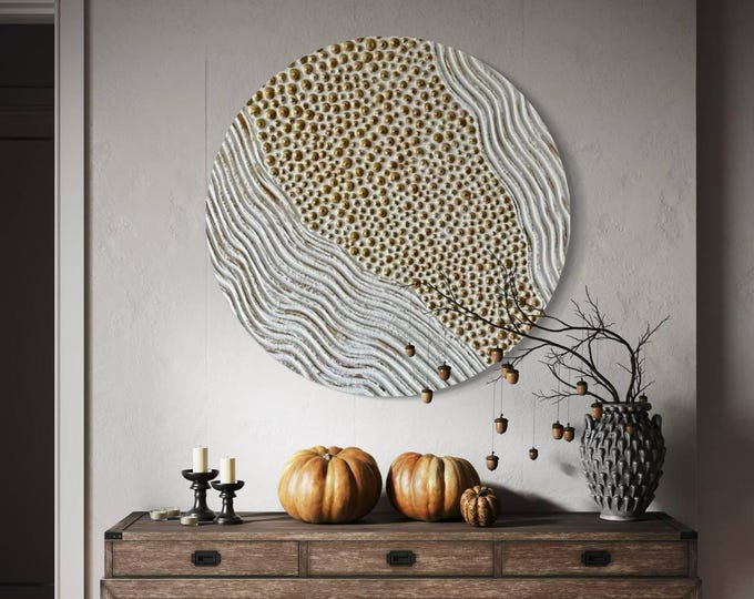 Large Round Abstract Painting White Bronze Textured Wall Art Decor 3D Dot Modern Canvas