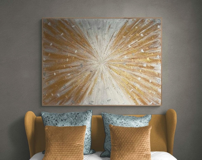 Large Abstract Glitter Painting: Silver Bronze Glam Wall Art (46"x34")