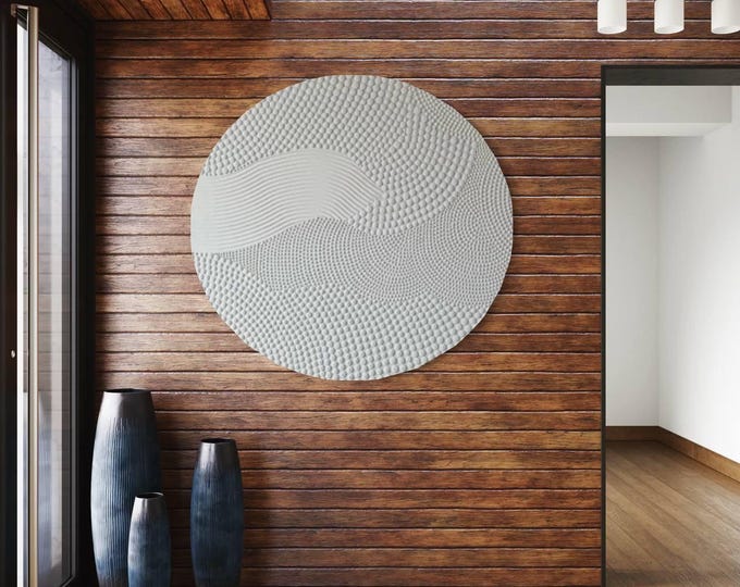 Round textured wall art, minimalist abstract canvas, neutral sculptural painting for modern boho interiors