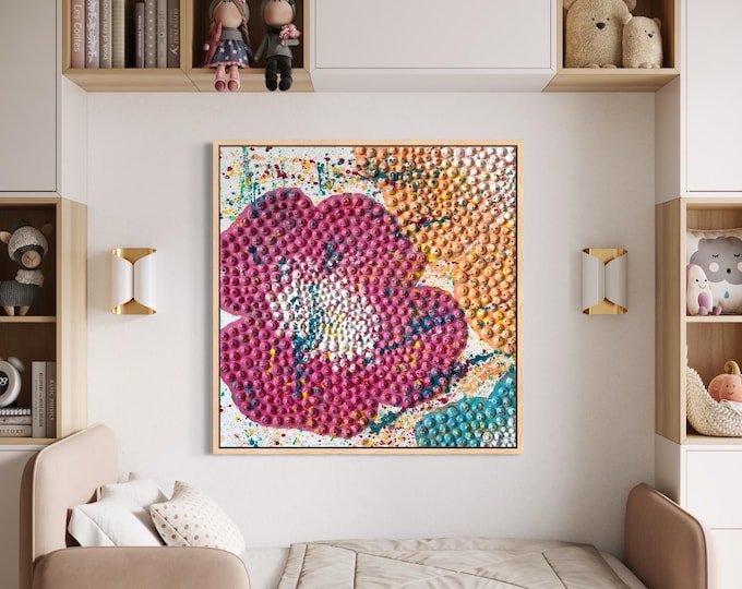 Large Textured Flowers Wall Art, Colorful Painting Modern Handmade Canvas, Plaster 3d Dot Bright Artwork
