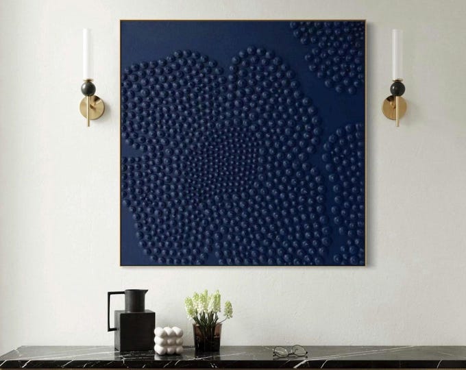 Large Navy Blue Textured Floral Abstract Wall Art 3D Dot Plaster Handmade Painting