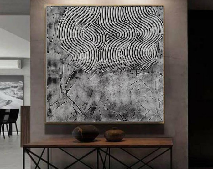 Oversized Black and White Abstract Textured Painting: Modern Stone Canvas Art