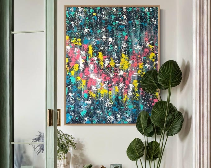 Large Abstract Acrylic Painting: Colorful Rainbow Energy Wall Art (28x36)