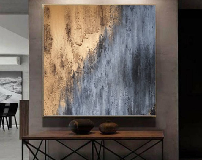 Large Black and Gold Abstract Painting: Modern Shiny Wall Art