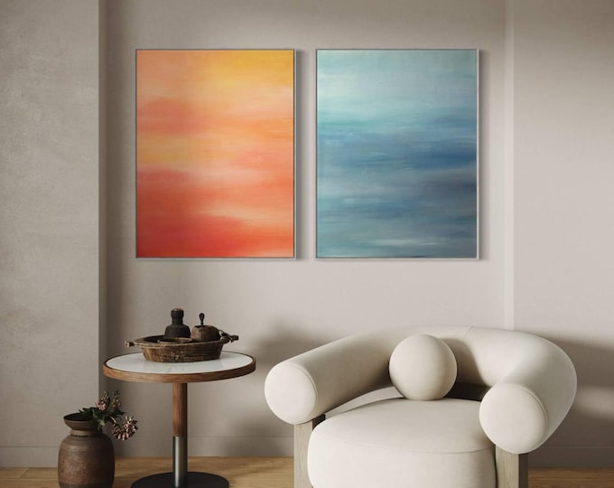 Oversize Abstract Seascape Painting Set: Modern Sunset Canvas Art