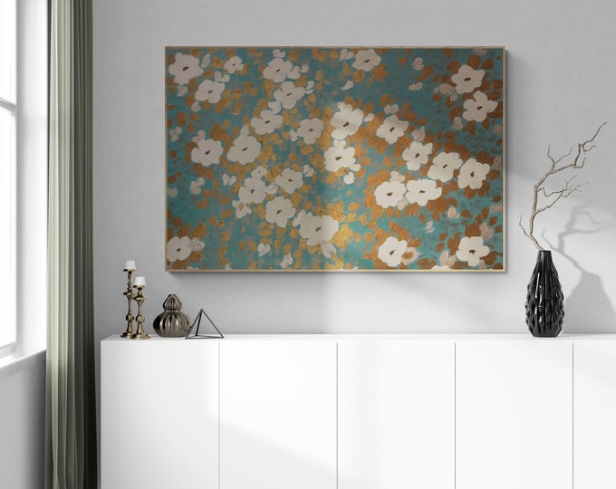 Large Floral Painting: White Flowers, Gold & Silver Leaves, Turquoise Art