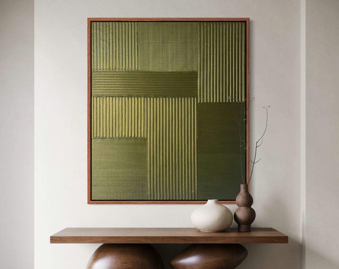 Green Metallic 3D Geometric Painting, Textured Abstract Wall Art