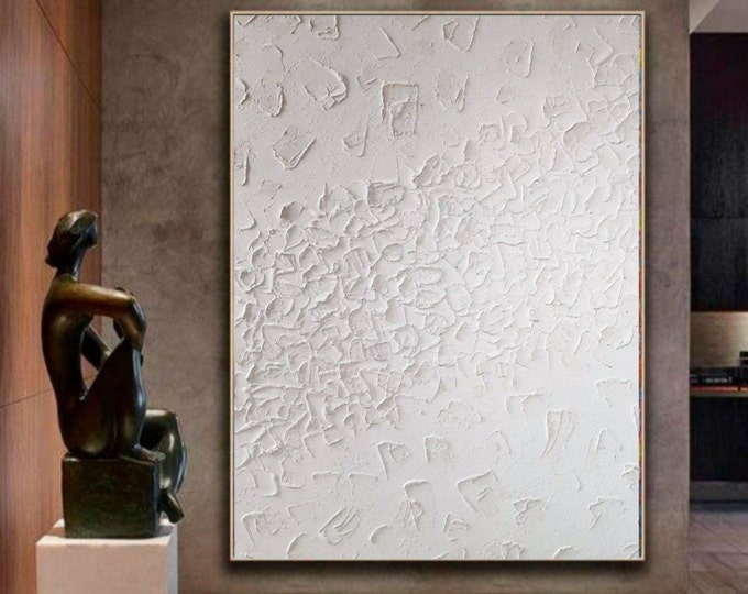 Extra Large Textured Wall Art White Abstract Plaster 3d Painting: Modern Original Canvas