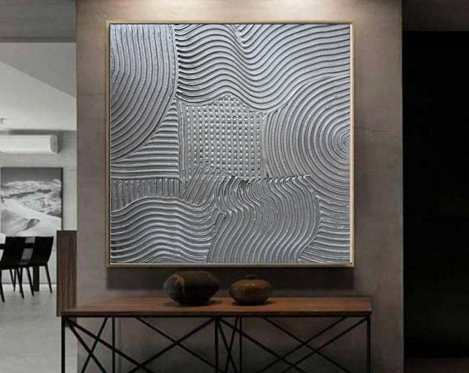 Oversized Silver 3D Textured Abstract Canvas Art with Patina Volumetric Painting