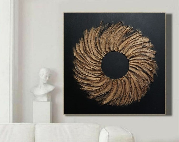 Large Modern Black Canvas Wall Art Gold 3D Texture Wreath Painting