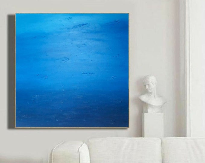 Oversize Blue Abstract Seascape Painting: Textured Ocean Canvas Art