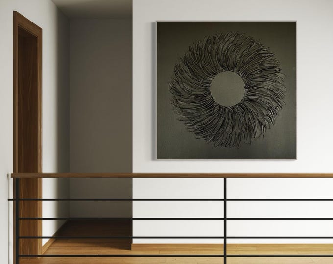 Oversized Black 3D Textured Wreath Painting: Handmade Plaster Wall Art