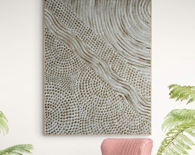 Large Textured Abstract Wall Art  White Bronze 3D Dot Plaster Painting Handmade Canvas