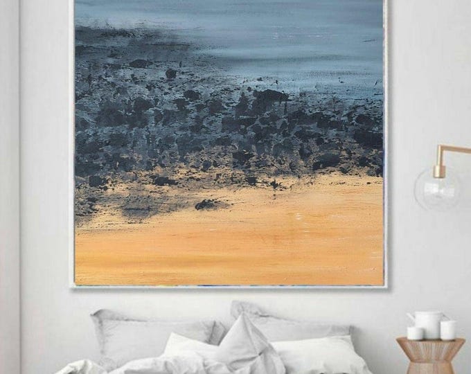 Oversize Seascape Painting: Abstract Texture, Blue & Yellow Canvas Art