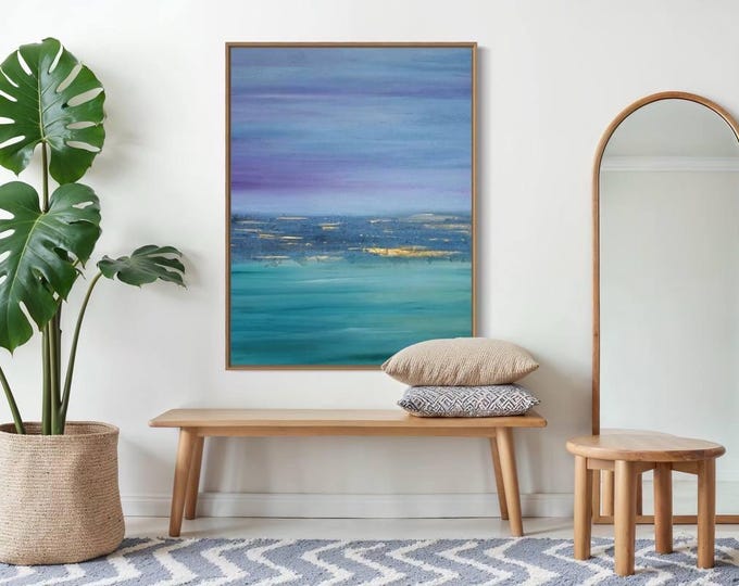 Oversized Abstract Seascape Painting: Purple Turquoise Ocean Texture Canvas Art