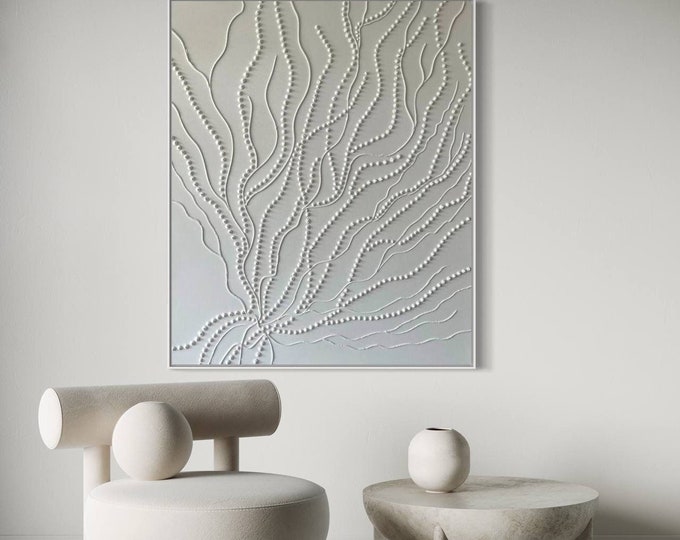 Large Abstract 3D Plaster Painting: White Branch Texture Wall Art (36x30)