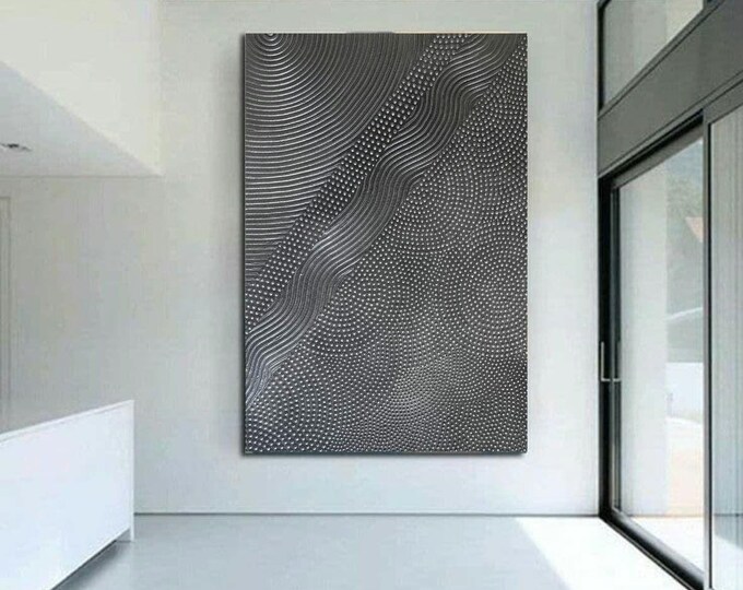 LargeTextured Wall Art Silver &Patina Handmade 3D Dot Painting Oversized Abstract Canvas Home Decor