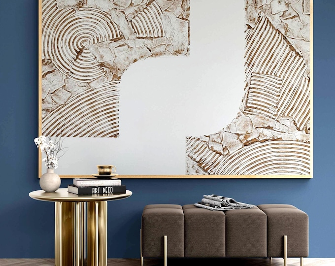 Oversized White Bronze Abstract 3D Textured Painting: Modern Plaster Wall Art