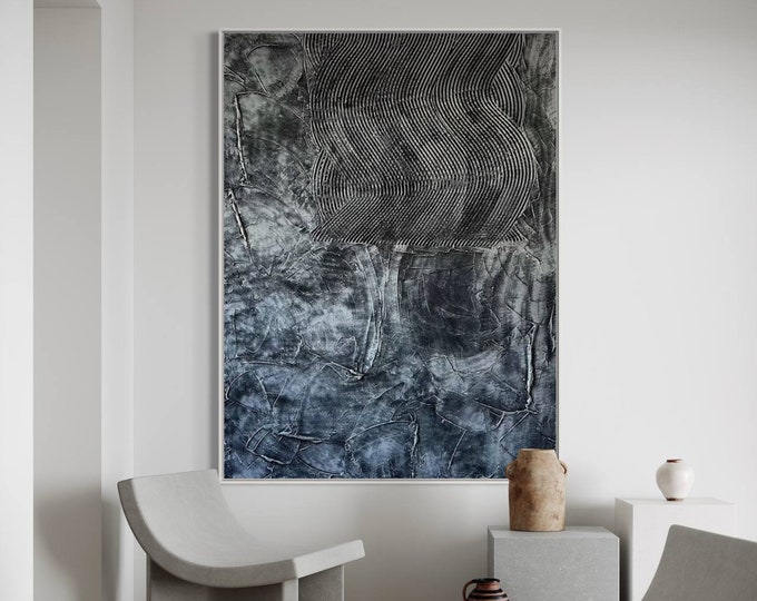 Extra Large Textured Wall Art Black & Silver  Abstrac Painting Handmade Canvas