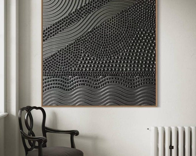Extra Large Black Textured Wall Art Decor 3D Dot Abstract Painting Modern Handmade Canvas