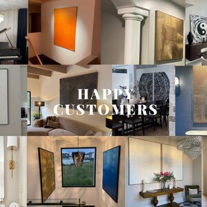 May include: A collage of images showcasing various abstract art pieces in different home settings. The art pieces are in various styles and colors, including black and white, gold, and orange. The text "HAPPY CUSTOMERS" is displayed in the center of the collage.